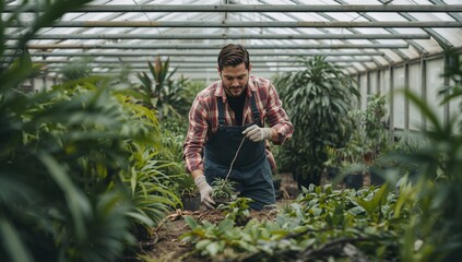 Man Works in Greenhouse Planting New Seedlings During the Day
