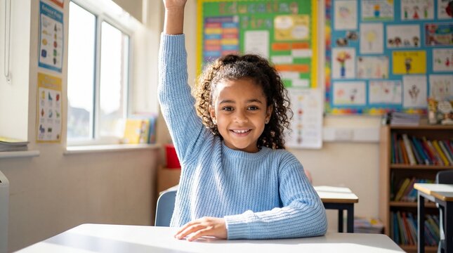School girl raising hand in classroom, primary education, student, learning, elementary school, smart kid, classroom setting, back to school, diversity, education, study, pupil, curious child.