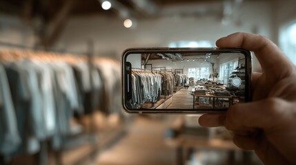 A person taking a photo of a clothing store interior with a smartphone to capture the racks of clothes and store display