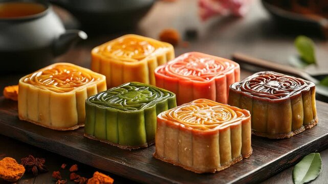 Moon cakes displayed for the Mid-Autumn Festival, surrounded by tea and other traditional foods. A beautiful celebration setup with space for text, perfect for cultural food and festival promotions.