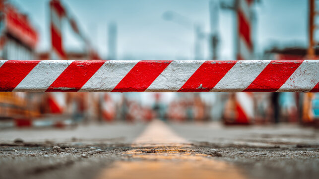 Red and white striped barrier blocking a road under construction with blurred equipment and pavement detail in a close-up urban worksite scene