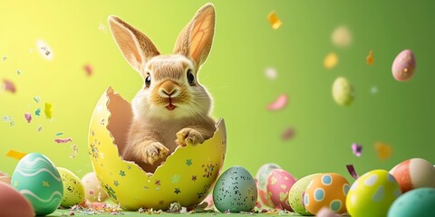 Baby rabbit inside cracked eggshell on soft pink background, dreamy spring celebration concept for invitations and posters.