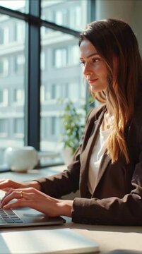 Confident Businesswoman Working on Laptop in Modern Office with Natural Light