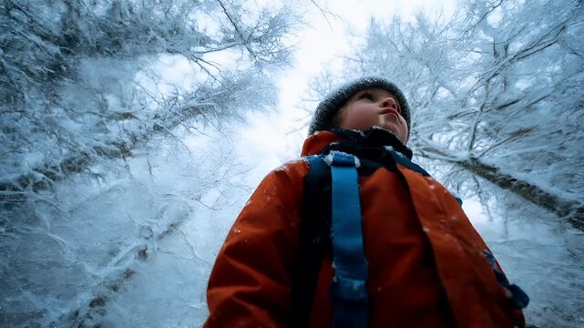 Explore adventure journey achievement outdoor in National Park. A young boy in a red jacket and hat standing in a snowy forest, looking up at the sky.
