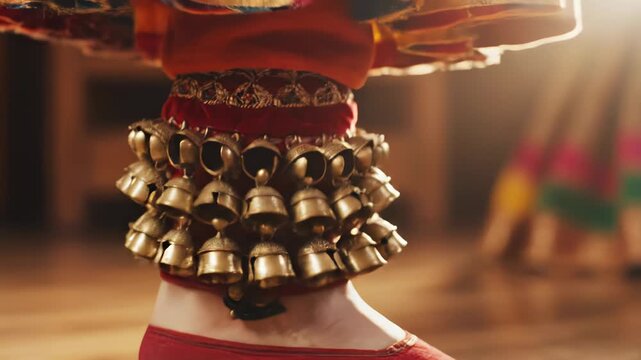 Close Up Of Indian Dancer's Ankles Adorned With Ghungroo Bells During A Performance With Warm Spotlight Highlighting Intricate Details And Traditional Red And Orange Costume