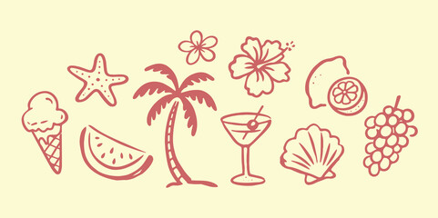 Tropical beach doodle icons line art vector illustration © Victoria