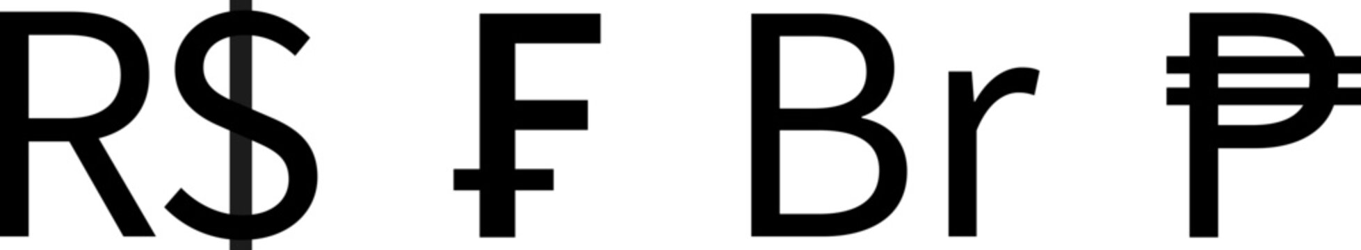 Brazilian real, Swiss franc, Philippine Peso, Ethiopian Birr symbols. Foreign exchange currency sign. Vector