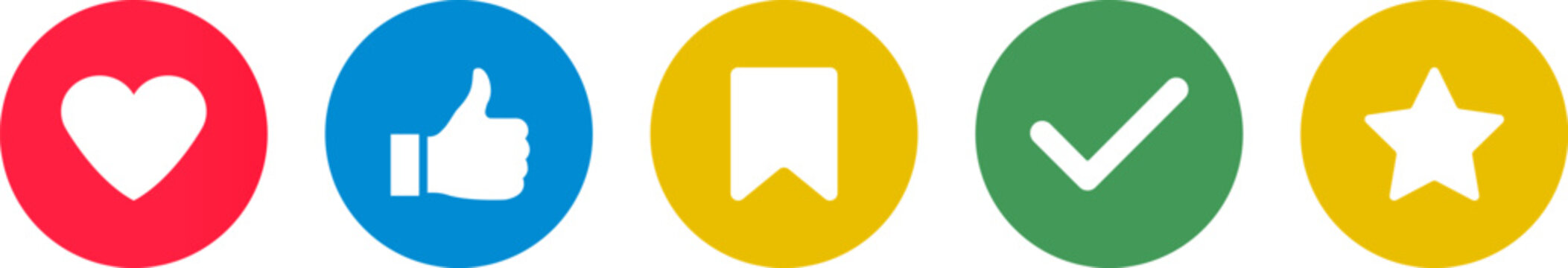 Thumbs up. Yes sign. Check mark symbols. Signs in green and red colored. Confirmation mark. Heart shape and star rating. Save icon. Vector