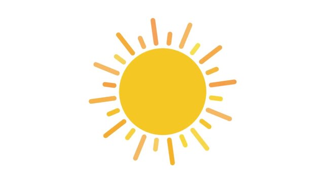  Simple 2D cartoon sun animation with rotating rays on a white background. A cheerful, flat design, seamless loop graphic ideal for weather forecasts, summer themes, and children's content