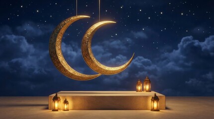 Golden crescent moon hanging above a lit platform at night with clouds