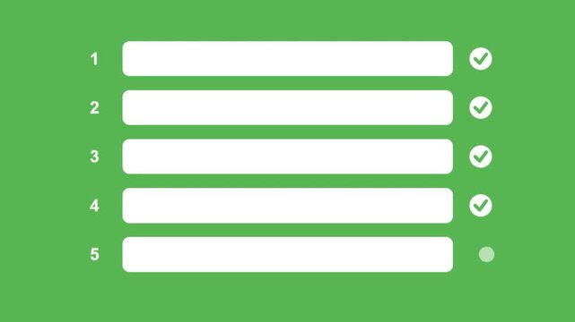 Animated checklist with five items and appearing checkmarks on a green background. A clean and simple motion graphic for business presentations, task management, and survey concepts
