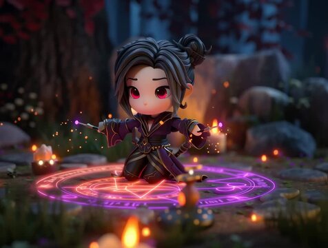 Una peque&ntilde;a hechicera lanza un hechizo en un claro iluminado por velas y magia.