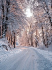 Obraz premium Serene winter forest pathway covered with fresh snow and illuminated by soft golden sunlight filtering through frost-covered trees at dawn