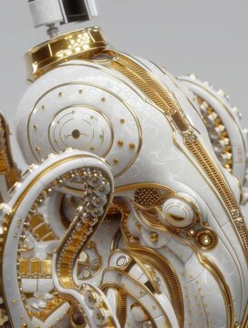 Una representaci&oacute;n art&iacute;stica de una armadura futurista con detalles dorados y una cremallera central.