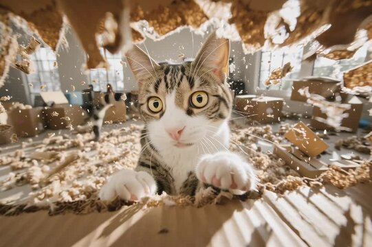 Un gato atigrado blanco y gris emerge triunfante de una caja de cart&oacute;n destrozada.