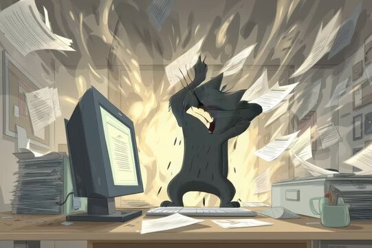 Un gato negro, visiblemente estresado, se sienta sobre un teclado frente a un ordenador, rodeado de una tormenta de papeles.