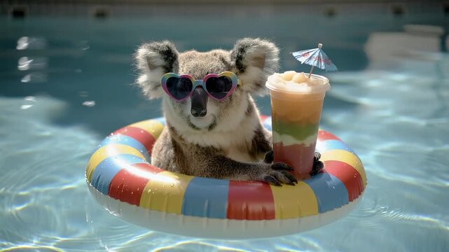 Koala enjoys summer by the pool while sipping a drink in a float