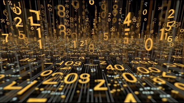 Dynamic flow of golden numerals in a digital matrix creating a data universe, abstract numbers for cyberspace and technology concept
