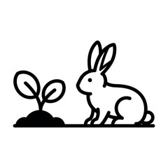 Fototapeta premium Cute black and white rabbit sitting next to four leaf clover plant illustration