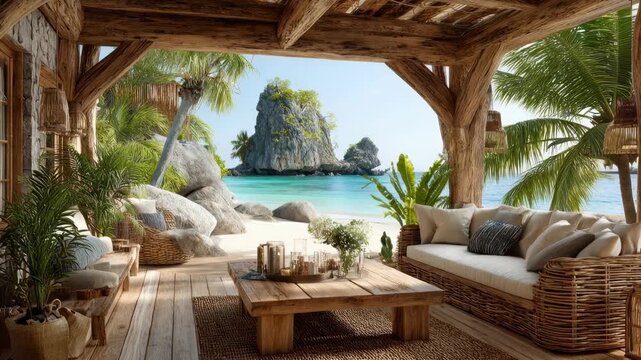 View of a tropical beach from a luxury wooden terrace. Resort porch with furniture overlooking the turquoise ocean and palm trees