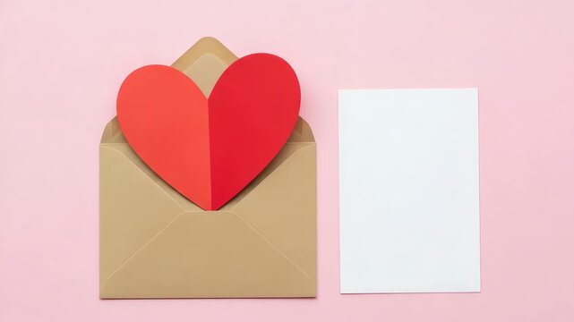 Red paper heart in a brown opened envelope with blank white paper on a pink background for valentine message