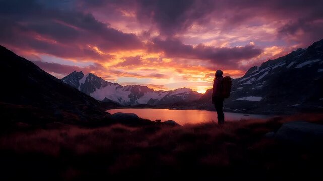 Explore adventure journey achievement outdoor in National Park. A person standing atop a grassy hill, gazing out over a tranquil lake surrounded by snowcapped mountains.