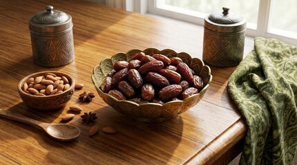 A bowl of dates and nuts on a wooden table with a green cloth