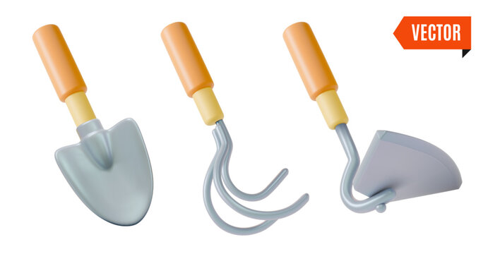 3d Colorful Manual Rake, Hoe and Shovel Tools Agricultural and Garden Concept Cartoon Design Style. Vector illustration