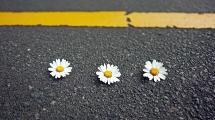 Obraz premium Three delicate daisies arranged in a row on an urban road, contrasting the fragility of nature against the hard backdrop of the world's infrastructure and lifestyle.