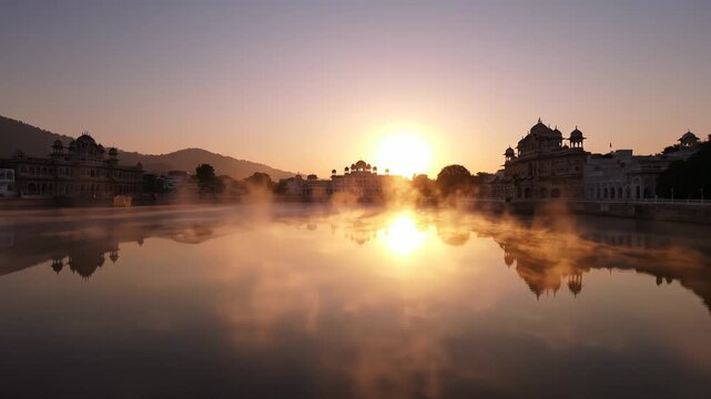 Golden Sunrise Over Misty Lake Reflecting Ornate Buildings and Distant Hills in Rajasthan India, Serene Morning Atmosphere with Warm Sunlight and Fog Rolling Across Water