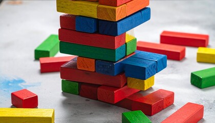 Fototapeta premium Colorful wooden block tower, red blue green yellow, partially built, scattered pieces, playful tension, balance, vibrant stacking game moment.