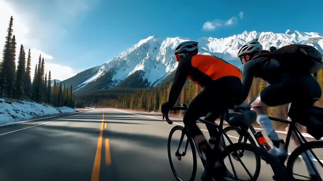 Cardio sports cycling biking exercise, healthy lifestyle. Two cyclists wearing helmets, bags, and gloves riding down a road surrounded by snowcovered trees and majestic mountains in the background.