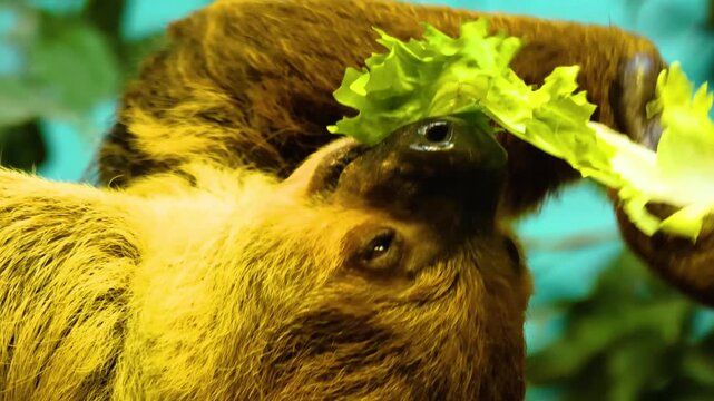 Close up of sloth head eating lettuce upside down. ina shady tree