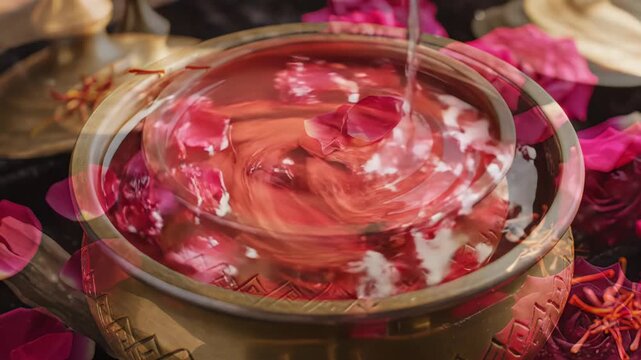 Intricate Golden Bowl Filled With Traditional Indian Sweet Falooda Topped With Rose Petals Poured From A Silver Pot In Soft Warm Lighting With Pink Roses And Black Fabric Background