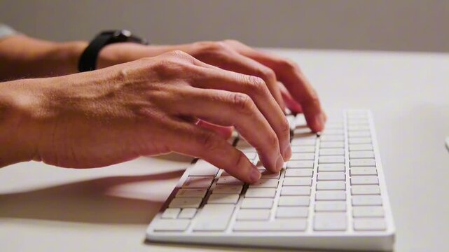 Hands of a male typing on a white keyboard, fingers moving rapidly across the keys, with a clean desk surface and soft lighting creating a focused workspace atmosphere