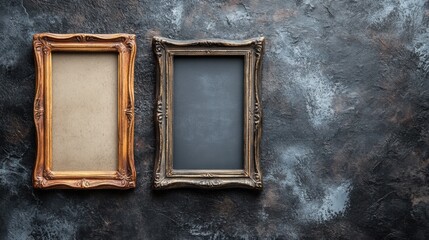 Elegant vintage empty photo frames on dark textured background, decorative antique frames for art display or home decoration, stylish interior design elements