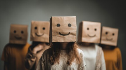 Group of young people with cardboard boxes on their heads, smiling faces on boxes, creative concept of anonymity and expression, fun social gathering in an indoor setting