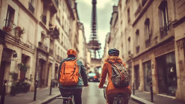 Cardio sports cycling biking exercise, healthy lifestyle. Two people riding bicycles down a Parisian street, with the Eiffel Tower in the background.
