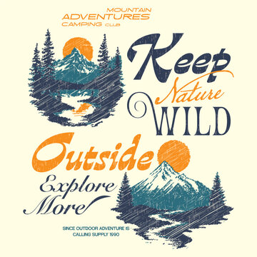 vintage outdoors print design. Abstract art.  Hill trekking. Mountain adventure vintage print, great smoky mountains, Mountain with tree retro vintage print design. outdoors. mountain graphic