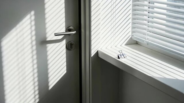 Door partially open with sunlight casting striped shadows across the wall and window, highlighting a binder clip resting on the windowsill in a bright indoor setting. Slowly motion of shadows