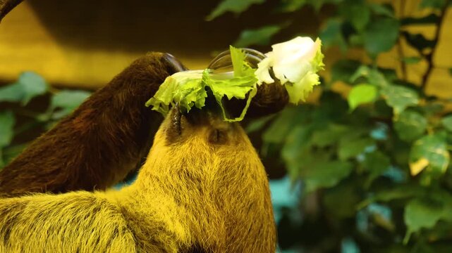 Close up of sloth head eating lettuce upside down. ina shady tree