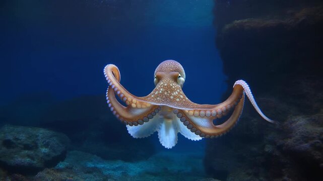 Adorable Dumbo Octopus gracefully swimming in the deep sea ocean, showcasing its unique fins and tentacles.