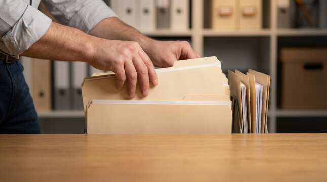Close-up of hands organizing file folders on a wooden desk in office setting