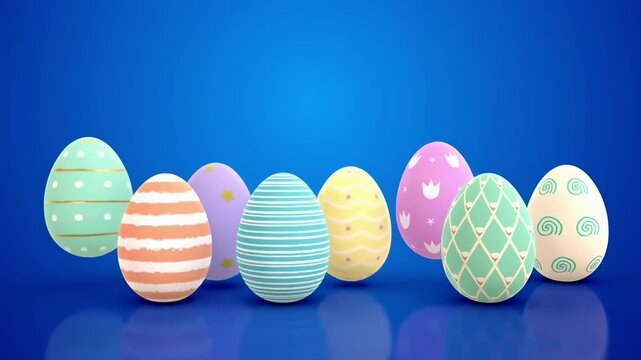 Colorful Easter eggs on a blue background, captured at eye level. Perfect for a festive video. Live desktop wallpaper.