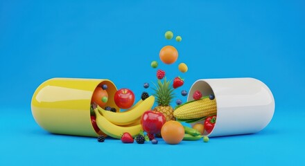 Giant Pill Capsule Filled with Fruits and Vegetables