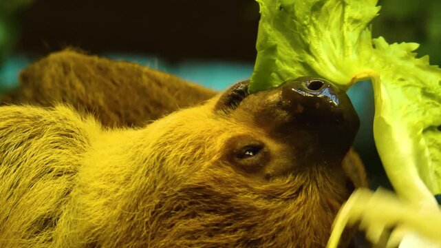 Close up of sloth head eating lettuce upside down. ina shady tree