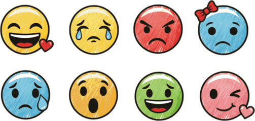 Fototapeta premium Hand drawn crayon emoji faces set. Cute doodle style cartoon expressions with various emotions. Sketch emoticons. 