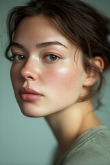 Fototapeta premium Close-up Portrait of Young Adult with Serene Expression and Simple Hairstyle