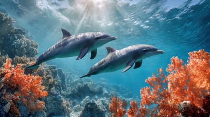 Fototapeta premium Dolphins Swimming Near a Coral Reef Showing Ecosystem Balance in a Vibrant Underwater Environment