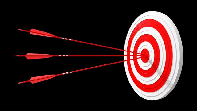 Archery targets with red arrows hitting the target exactly in the center - the concept of success, goals, strategy and consistent performance.